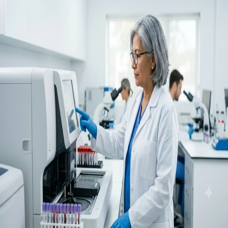 Bioanalista realizando examen de hematologia completa